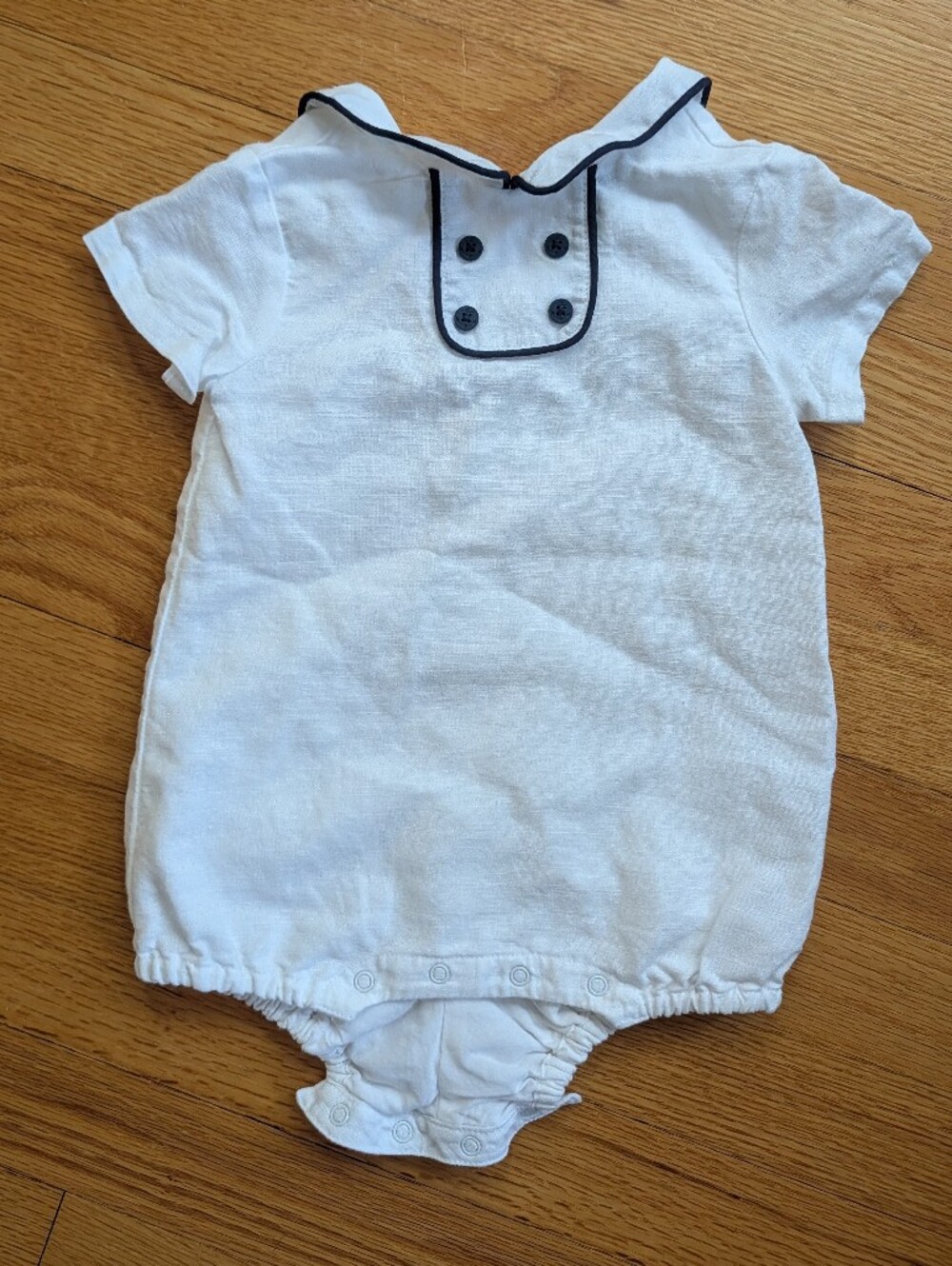 Janie and Jack White Short Sleeve Romper With Navy Trim (Infant 6-12 Months)